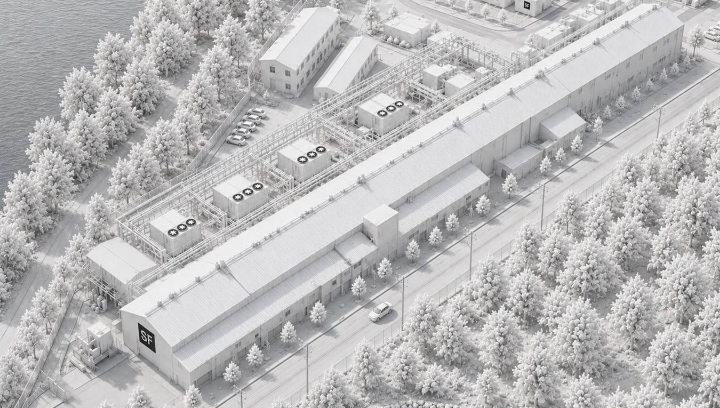 Aerial view of Campus 1 — repurposed industrial plant with live power infrastructure